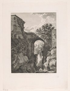 Vesiputous lähellä San Roccon siltaa Tivolissa Cascata, e Ponte di St. Rocco a Tivoli (otsikko esineessä) Kuvankauniita kaiverrettuja esitteitä Italiasta (sarjan nimi)