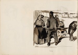 Hevoskärryt, kolme henkilöä tekijältä Albert Edelfelt