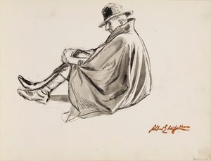 Istuva viittaan pukeutunut mies tekijältä Albert Edelfelt