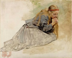 Polvistuva Maria Magdaleena, luonnos teokseen ”Kristus ja Maria Magdaleena” tekijältä Albert Edelfelt