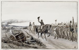 Von Döbeln tervehtii joukkojaan runosta ”Numero viisitoista Stolt” (alkuperäinen piirros teokseen ”Aliluutnantti Stålin tarinat”) tekijältä Albert Edelfelt