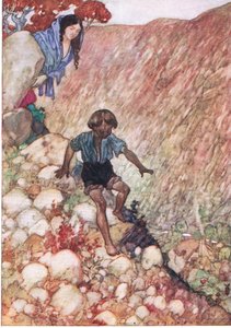 Hän meni alas kuin urhea pieni mies sellaisenaan, The Water Babies -pubista. Humphrey Milford Oxford University Press, n. 1930 (väri litho) tekijältä Albert Edward Jackson