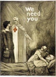 Punaisen Ristin rekrytointijuliste, "We Need You", pubi. 1918 (väri litho) tekijältä Albert Edward Sterner