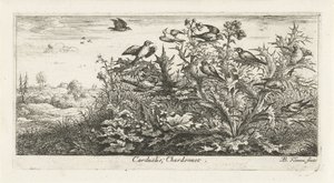 Paisatge amb cadernera al card Carduelis; Chardonneret. (títol a l