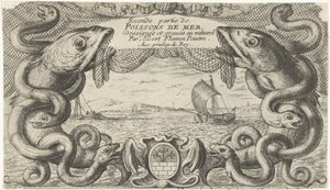Merimaisema merieläinten ja kalaverkon reunalla Kalat ja muut meren eläimet - suolaisen veden toinen sarja (sarjan nimi) Poissons de mer (sarjan nimi esineellä) tekijältä Albert Flamen
