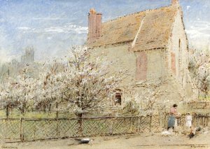Canterbury "Stone Walls not a Prison Make", n. 1920 (akvarelli, vartaloväri, kynä ja muste paperille) tekijältä Albert Goodwin