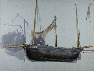 Kalastusvene 57BX (akvarelli ja vartaloväri sävytetylle paperille) tekijältä Albert Goodwin
