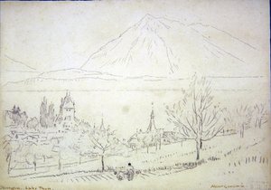 Lake Thun, Oberhofen (muste ja kynä paperille) tekijältä Albert Goodwin