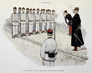Harjoituksessa: immobilisointi on sotilaan kaunein liike - Albert Guillaumen (1873-1942) näkemä Armee, noin 1900 tekijältä Albert Guillaume