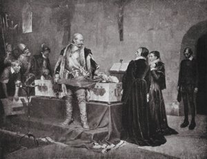 Herttua Kaarle loukkaa vihollisensa Flemingin ruumista (litografia). tekijältä Albert Gustaf Aristides (after) Edelfelt