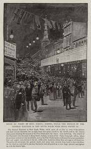 Sce at Night King Street, Sydney, kun Uuden Etelä-Walesin parlamenttivaalien tuloksia julkaistiin tekijältä Albert Henry Fullwood