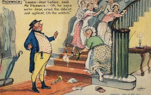 herra Pickwick loukkaa naisryhmää (chromolitho)