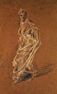 Tutkimus tytöstä astumassa eteenpäin ja yllään pitkä mekko, n. 1870 (mustavalkoinen liitu ruskealla paperilla) tekijältä Albert Joseph Moore