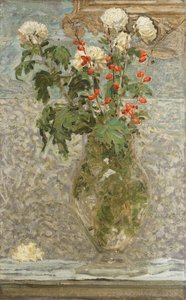 Valkoiset krysanteemit ja punaiset marjat (öljy kankaalle) tekijältä Albert Joseph Moore