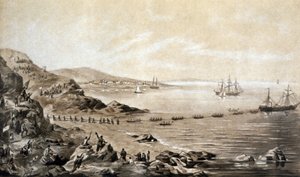 ensimmäisen transatlanttisen lennätinkaapelin asennus Irlannin ja Kanadan välillä (1857) Albert Krugerin kaiverrus n. 1870 tekijältä Albert Kruger