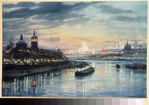 Illuminations a Moscow (Illuminaatio Moskovassa). Piirustus Albert Nikolajevitš Benois (1852-1936). Värilitografia, 1800-luvun venäläistä taidetta. Venäjän valtionkirjasto, Moskova. tekijältä Albert Nikolayevich Benois