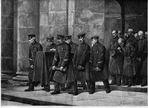 Vammaisen hautajaiset. Ranskalaiset sotilaat kantoivat sotilaan arkkua hänen hautajaisissaan Sotilaiden kirkossa (Saint Louis des Invalides) Pariisissa. Kaiverrus Albert Pierre Dawantin (1852-1923) maalauksen jälkeen teoksessa The Illustrous Worl