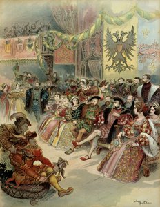 Bal Ranskan kuninkaan Francois 1:n (1494-1547) hovissa Fontainebleaun linnassa vuonna 1539 Espanjan kuninkaan Kaarle V (1500-1558) ja Pyhän Rooman valtakunnan germaanisen keisarin läsnä ollessa. Kuva tekijältä Albert Robida