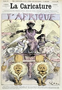 Sarjakuva kolonialismista Afrikassa "" Loistava afrikkalaisten siirtomaauutisten purkaminen, tee valintasi! Koko maanosa jaettavaksi, hienoja tilaisuuksia, Kongon siivuja, palasia Guineasta" Robida - "" La Caricature" -julkaisussa 2.5.1887
