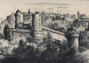 Chateau de Fougeres - linnan linnake Ille-et-Vilainen departementissa. Vanha Ranska - Bretagne - tekstiä, piirustuksia ja litografioita, Albert Robida (1848-1926) päivätty 1800-luvun loppu tekijältä Albert Robida