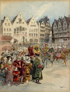 Kaarle V (1500-1558) valittiin Saksan keisariksi 28. kesäkuuta 1519. Seitsemän valitsijakorteesia kulkee Frankfurtin (Saksa) katuja pitkin. Kuva tekijältä Albert Robida