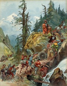 Viides Italian sota (1515-1516): Francois I:n (1494-1547) armeija matkalla Italiaan Alppien halki elokuussa 1515 Larchen solan kautta. Kuva tekijältä Albert Robida