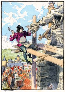 Gargoyle-kuvanveistäjä telineillä 1400-luvulla. tekijältä Albert Robida