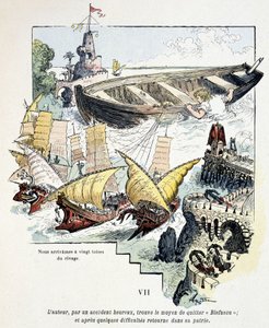 Gulliver ja hänen jättimäinen veneensä Lilliputian satamassa - Jonathan Swiftin (1721) teoksessa Voyages de Gulliver, ill. kirjoittanut Robida tekijältä Albert Robida
