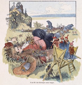Lilliputilaiset sitoivat Gulliverin - Swiftin "" Gulliver Voyages" -kirjassa, ill. kirjoittanut Robida tekijältä Albert Robida