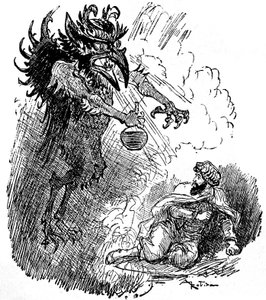 Albert Robidan (1848-1926) kuvitus arabilegendasta (1001 yötä) (Tales of the Thousand and One Nights): kamala demoni (paha henki) esittelee miehelle pullon viiniä. kaiverrus kirjasta "Choix de luennot" Armand Colin 1926. tekijältä Albert Robida