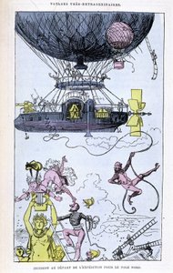 Tapahtuma retkikunnan lähdössä pohjoisnavalle (aerostaatti ja hassut kohtaukset), Jules Vernen parodia, "" Saturnin Farandoulin erittäin poikkeukselliset matkat 5 tai 6 osassa maailmaa ja kaikissa herran tuntemissa tai tuntemattomissa maissa. Jules Verne" tekijältä Albert Robida