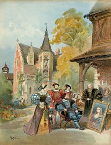 Kuningas Francois I (1494-1547) ostaa Mona Lisan Leonard de Vincille (Leonardo da Vinci) (1452-1519), lähellä Amboisen kuninkaallista linnaa vuosina 1516-1519. Kuvitus