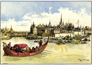 Kuningas Henrik III veneessä laskemassa Pont Neufin ensimmäistä kiveä Seinen yli Pariisissa 31. toukokuuta. tekijältä Albert Robida