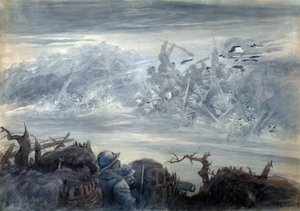 Le combat des ombres: poilus dans une tranchee kuvittelemalla aavemaiset sotilaat hyökkäävät hyökkäykseen tekijältä Albert Robida