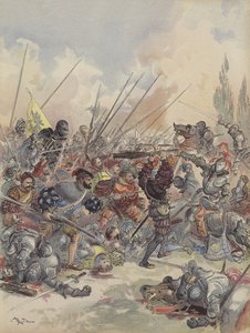 Kuningas Paviassa putoaa hevoseltaan haavoittuneena, taistelee häntä ympäröivää hyökkääjien pilveä vastaan ​​(väri litho) tekijältä Albert Robida