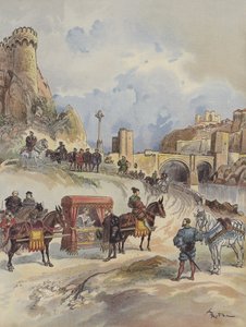 Ranskalainen Marguerite vierailee veljensä luona, Charles V ottaa hänet vastaan ​​Pont de Toledossa tekijältä Albert Robida