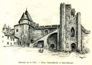 Medievale Cite de Carcassonne (Aude, Languedoc, Pays Cathare) - Tours Saint Martin (Saint Martin) ja Saint Nazaire (Saint Nazaire) taloineen, jotka on rakennettu valleille - Albert Robidan (1848-1926) romanttinen kaiverrus kirjassa, joka julkaistiin alussa tekijältä Albert Robida