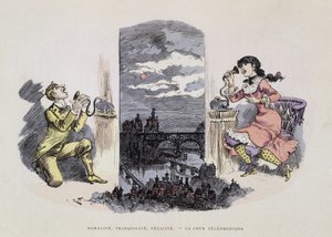 Moraali, rauhallisuus, autuus - Puhelinkenttä, Robidan karikatyyri, sd. 1800-luvulla tekijältä Albert Robida