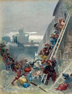 Seitsemäs Italian sota (1526-1529): Kaarle III Bourbon (1490-1527) kuoli Rooman piirityksen yhteydessä 6. toukokuuta 1527. Kuva tekijältä Albert Robida