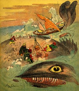 Sindbad merimies (Sinbad) - tarina tuhannesta ja yhdestä yöstä (1001) - kirja vuodelta 1948, joka kertoo hänen seikkailuistaan (Fortin-painos, Wonderful Imaging of Lapsuuden kokoelma) - Albert Robidan (1848 - 1926) kuvitus: Sindbad ja hänen toverinsa ovat  tekijältä Albert Robida