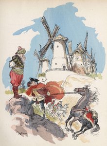 Paroni de Munchausen, joka juuri ylitti Egyptin rajan, joutuu myrskyyn, jonka iso hahmo saa 7 myllyä toimimaan. "" Kuvitus Albert Robida - "" History and Adventures of the Baron de Munchausen"" (Munchhausen), H. Laurens toim., myöhään tekijältä Albert Robida