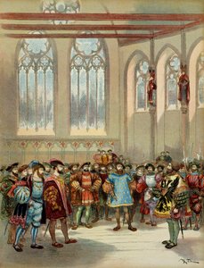 Kaarle V:n (1500-1558) lähettämän Burgundin herautin otti Francois I (1494-1547) vastaan Pariisin parlamentaarikon suuressa salissa 1500-luvun ensimmäisellä puoliskolla. Kuva tekijältä Albert Robida