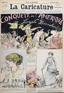 "The Conquest of America by Sarah Bernhardt", sarjakuva "La Caricature" -lehdestä tekijältä Albert Robida