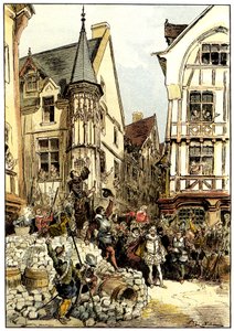 Gardes Francaises -rykmentin sotilaiden ja väkijoukon kannustama Duc de Guise Pariisissa barrikadipäivänä tekijältä Albert Robida