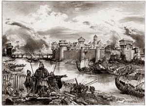 Viikingit, normannimerirosvot, jotka johtajansa Siegfriedin johdolla piirittävät Pariisia (kaiverrus). tekijältä Albert Robida
