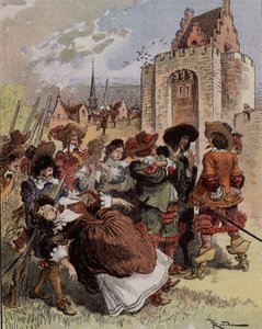 Kapteeni Bellormeaun ujous - "" Madame de Malicorne putosi kersantin syliin"". Hahmo Albert Robidan kirjasta. Kansi "" Pieni ranskalainen kuvitettu"" 20.1.1900. tekijältä Albert Robida