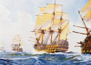 1700-luvun aluksia yhdessä rivissä, lähellä tyyrpuurin puoleista laituria, Albert Sebillen (1874-1953) akvarelli, 1900-luku. tekijältä Albert Sébille