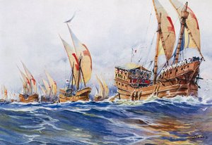 Kuningas Ludvig IX:n ranskalaisia aluksia kahdeksannen ristiretken aikana vuonna 1268, Albert Sebillen (1874-1953) akvarelli.