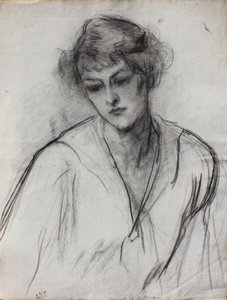 Puolipitkä muotokuva nuoresta tytöstä, nojaten eteenpäin, n. 1910 (musta liitu paperille) tekijältä Albert de Belleroche