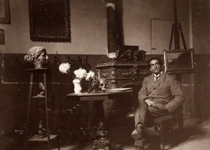 Kuvanveistäjä Mario Pelagatti studiossaan Firenzessä, 20.11.1920 (b/w kuva) tekijältä Alberto Fierli